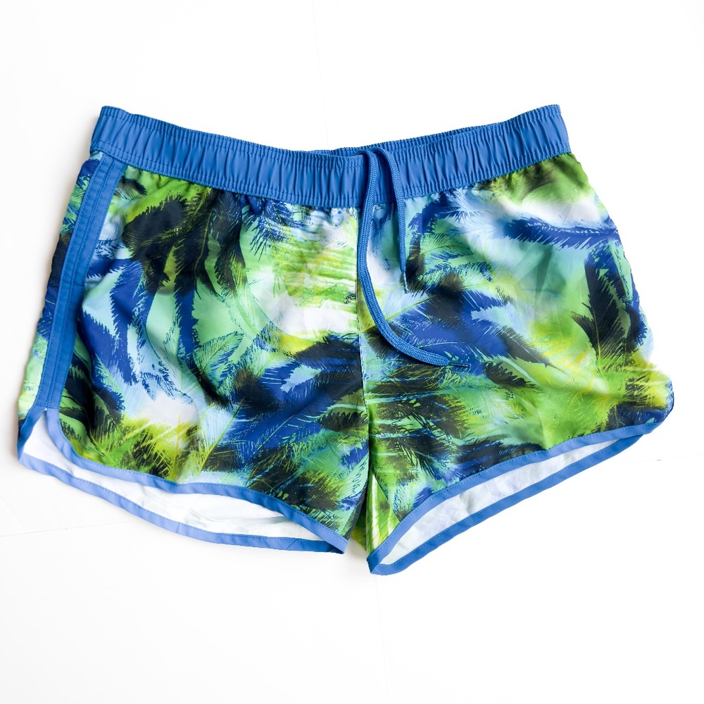 Arena Swim Palm Short Shorts Quick-Drying Blue and Green Tropical Print Size M